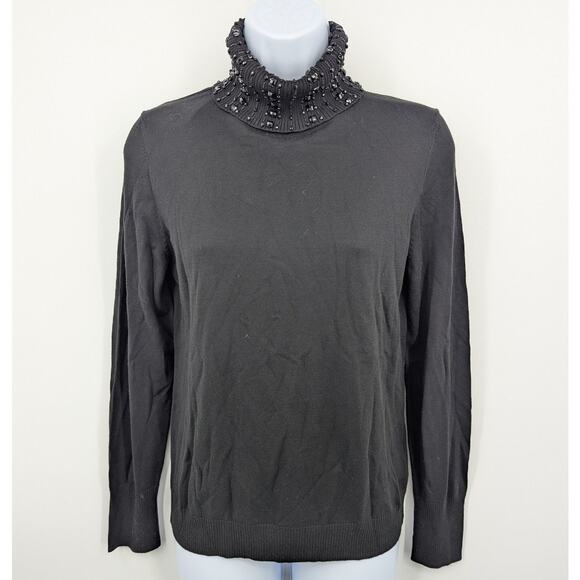 Talbots Petites Black Embellished Mock Neck Sweater PM Beaded Knit Modest Goth - Picture 1 of 7